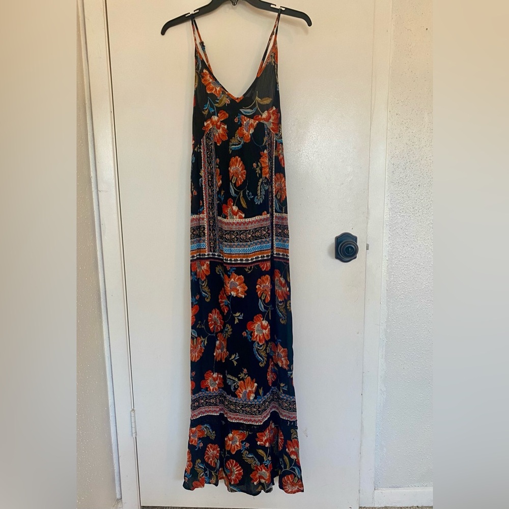 Black floral maxi sundress with tie back and lace detail